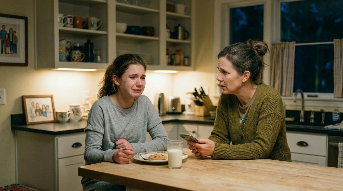 A teenage girl wiping her eyes at a kitchen island at night while a woman holds out a phone to help