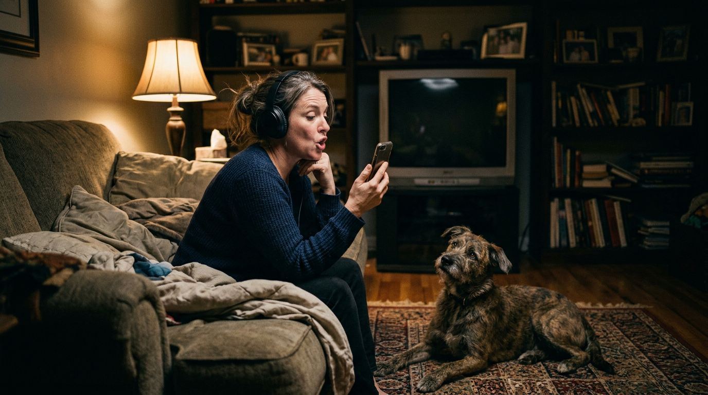 A woman on a couch at night with headphones on, speaking out loud toward her phone while her dog looks up