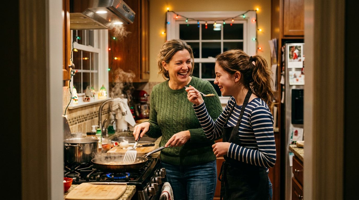 The woman and the teenage girl cooking side by side and laughing in the same kitchen at Christmas